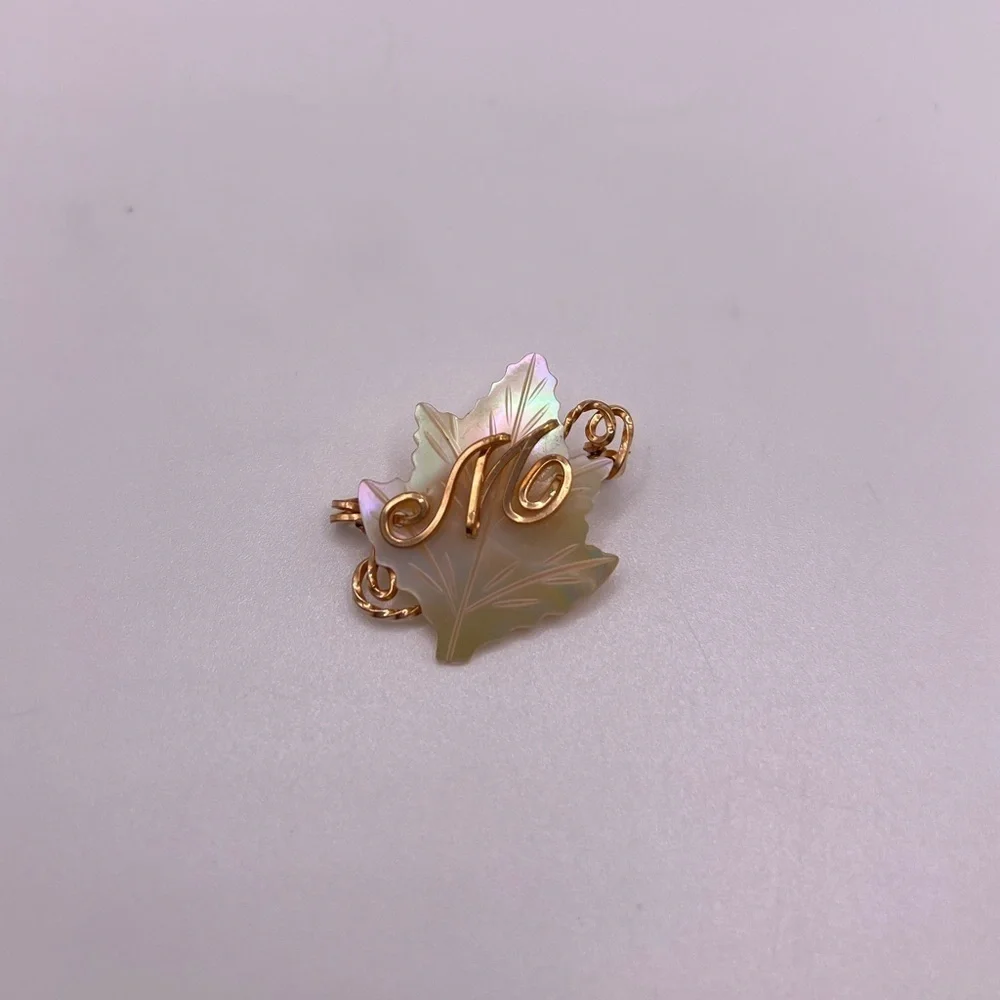 Vintage Mother of Pearl Initial “M” Wire Brooch Gold Tone